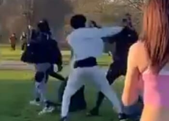 This is the terrifying moment that a fight breaks out in upmarket Primrose Hill, which led to a 21-year-old man dying and another rushed to hospital