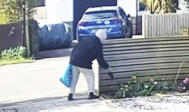 The hooded woman swiftly pulls the flower out of the earth in the flowerbed - bringing a clump of roots with it