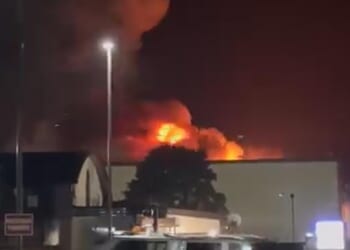 The huge fire broke out at RAF Fairfield - an airbase used by the US to strike Iran- at 1.52am this morning
