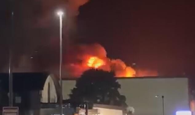 The huge fire broke out at RAF Fairfield - an airbase used by the US to strike Iran- at 1.52am this morning