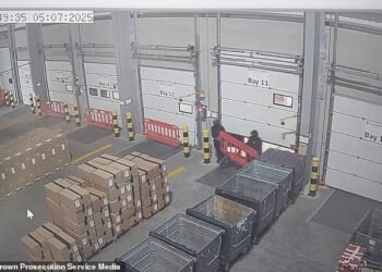 The thieves arrived in a Nissan X-Trail, a Mercedes van and a Vauxhall Vivaro before clambering beneath the entrance - which had been left half-open by an employee