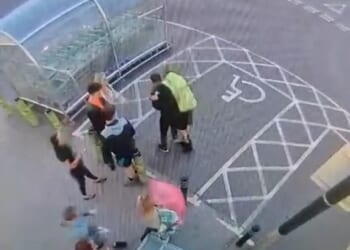 Gavin Ramsay, 49, worked as a porter collecting trolleys and shopping baskets at the Asda supermarket in South Shields when he saw a group of rowdy young people (pictured) emerge from the store with bottles of alcohol they had stolen