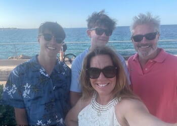 Emma Webber (front) with husband Dave (back right), and sons Barney (Back left) and Charlie (Back centre), taken on their last family holiday in Palma in 2022, a year before Barney was stabbed to death in Nottingham