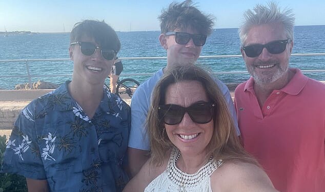 Emma Webber (front) with husband Dave (back right), and sons Barney (Back left) and Charlie (Back centre), taken on their last family holiday in Palma in 2022, a year before Barney was stabbed to death in Nottingham