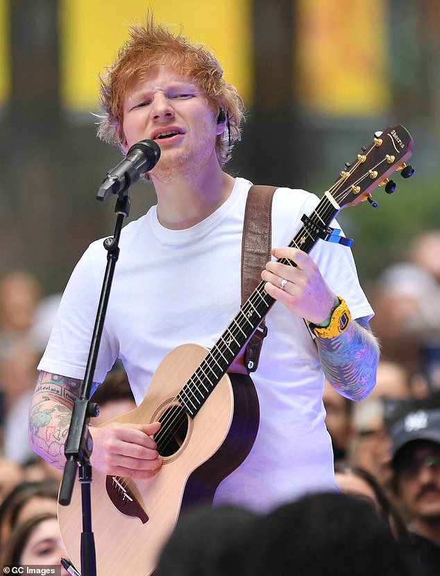 Ed Sheeran pictured playing a concert – while wearing his watch – in New York City, in 2023