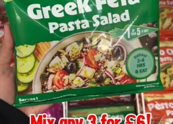 Farmfoods has become an unlikely haven for middle-class mothers in pursuit of a bargain amid the cost-of-living crisis in the UK. Pictured, the store's Greek Feta Pasta Salad
