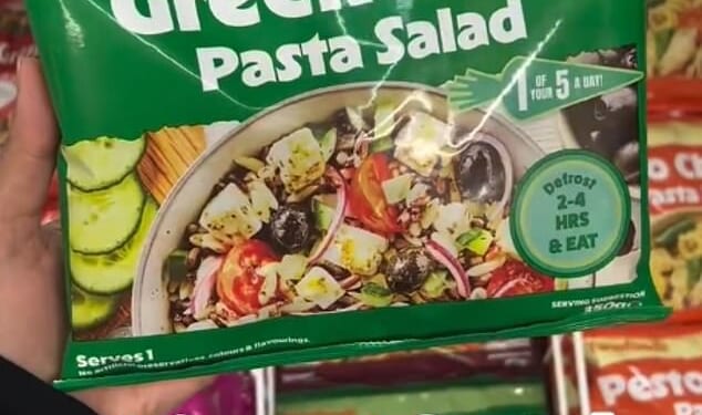 Farmfoods has become an unlikely haven for middle-class mothers in pursuit of a bargain amid the cost-of-living crisis in the UK. Pictured, the store's Greek Feta Pasta Salad