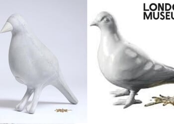 May Wild's coo bird and coo pu (left) which bears a striking resemblance to the London Museum's new 'grit and glitter' pigeon logo  (right)