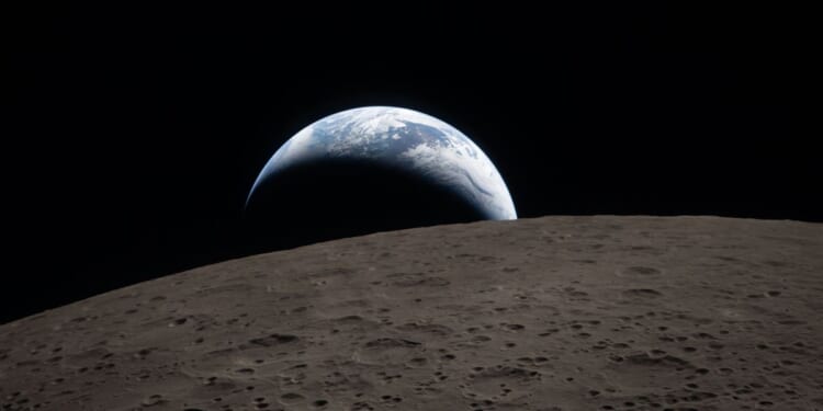 "Earthset" is captured through the Orion spacecraft window at 6:41 p.m. EDT, Monday during the Artemis II crew’s flyby of the moon.