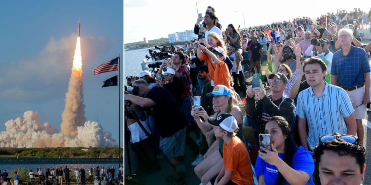 People observe the launch of Artemis II from the A. Max Brewer Bridge in Titusville, Florida, Wednesday in Cape Canaveral, Florida.