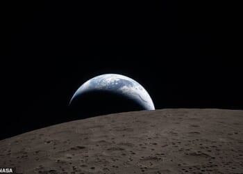 The first image, titled 'Earthset', was taken from the far side of the moon, and shows Earth dipping beyond the lunar horizon