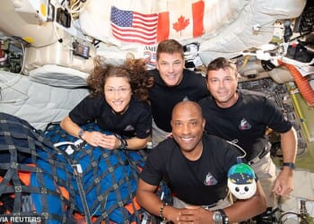 The Artemis II crew, comprising NASA's Reid Wiseman (second from right), Victor Glover (right), Christina Koch and Canadian astronaut Jeremy Hansen, is scheduled to splash down off the coast of San Diego, California, at 8.07pm ET