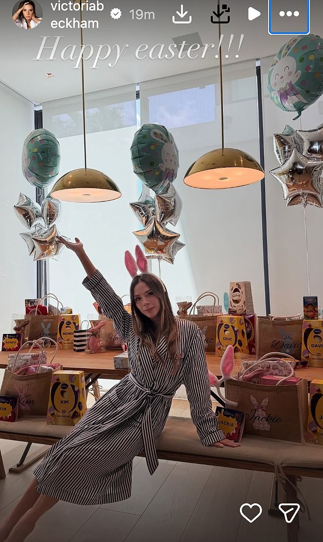 The two baskets were in stark comparison to Victoria's meticulously laid out, personalised hampers - featuring Mini Eggs Easter eggs with each person's name