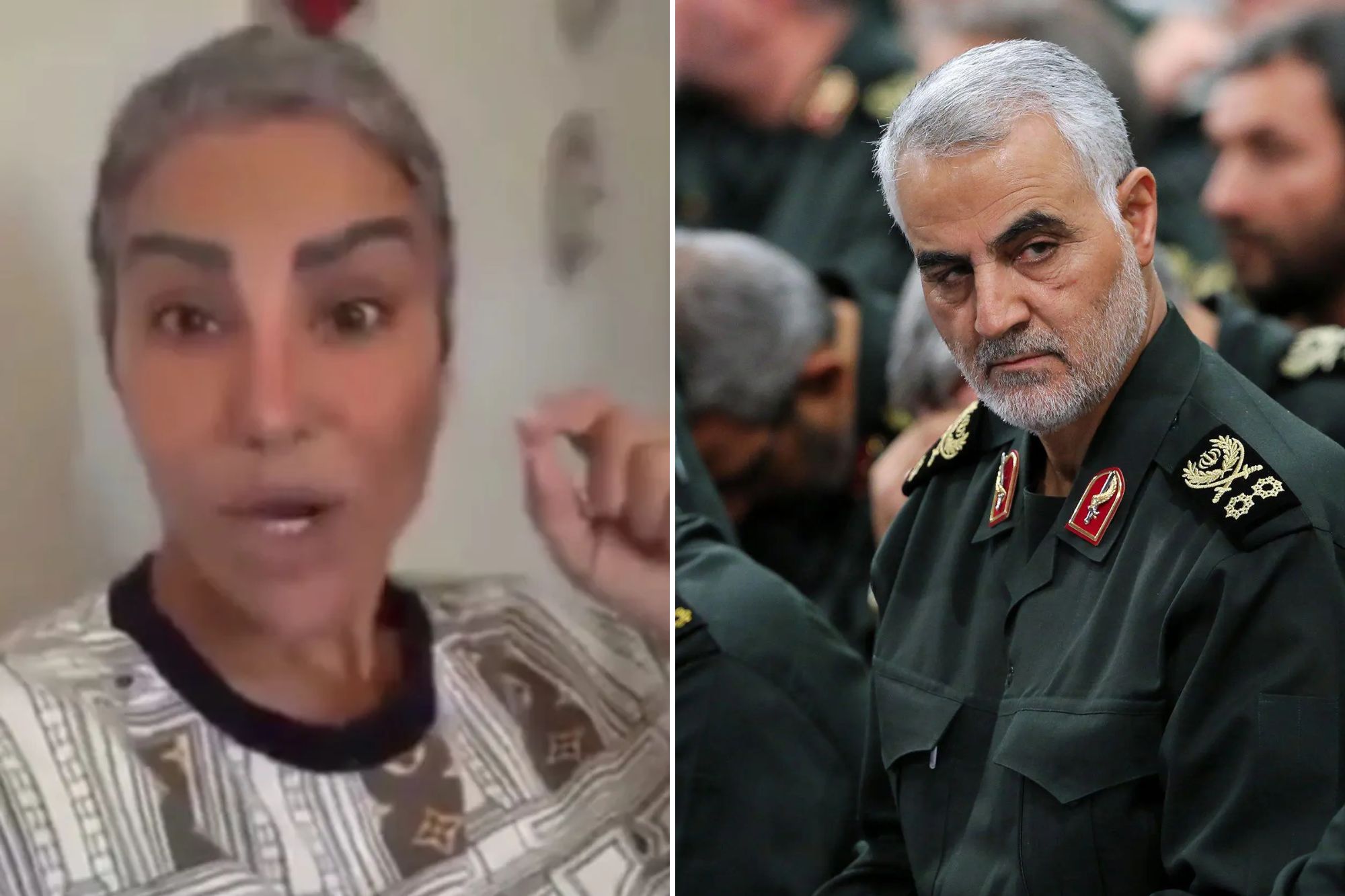 An image collage containing 2 images, Image 1 shows Hamideh Soleimani Afshar with short gray hair, speaking with her mouth open and one hand raised, Image 2 shows Qasem Soleimani in uniform with other military personnel