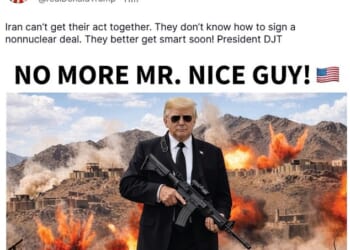 In a bizarre post to Truth Social, the US president shared an apparently AI-generated image of himself wielding a large gun