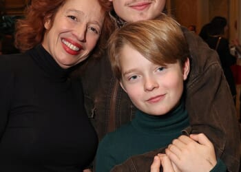 Noah Jupe, 21, (upper right) has revealed how he has been keeping his brother, Jacobi, 12,(bottom right) away from 'the dark side' of the film industry as he reflected on their early life with their famous mother Kathryn (pictured)