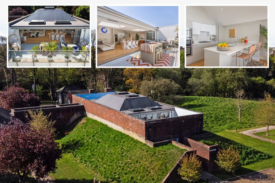 Collage of an aerial view of a Love Island villa and close-ups of its interior and terrace.