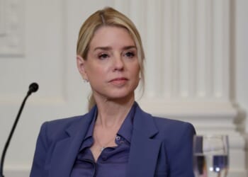 U.S. Attorney General Pam Bondi listens at a lunch in the East Room of the White House in Washington, DC on March 16, 2026.