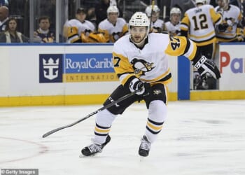 Adam Johnson died aged 29 after having his throat cut by a skate during a Elite Ice Hockey League Challenge Cup match in Sheffield (He is pictured playing for the Pittsburgh Penguins in 2019)