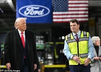The Trump administration has asked large-scale manufacturers, including Ford and General Motors, to start making weaponry and other military equipment as the US depletes its stockpiles (President Trump pictured with Ford CEO Jim Farley on January 13)