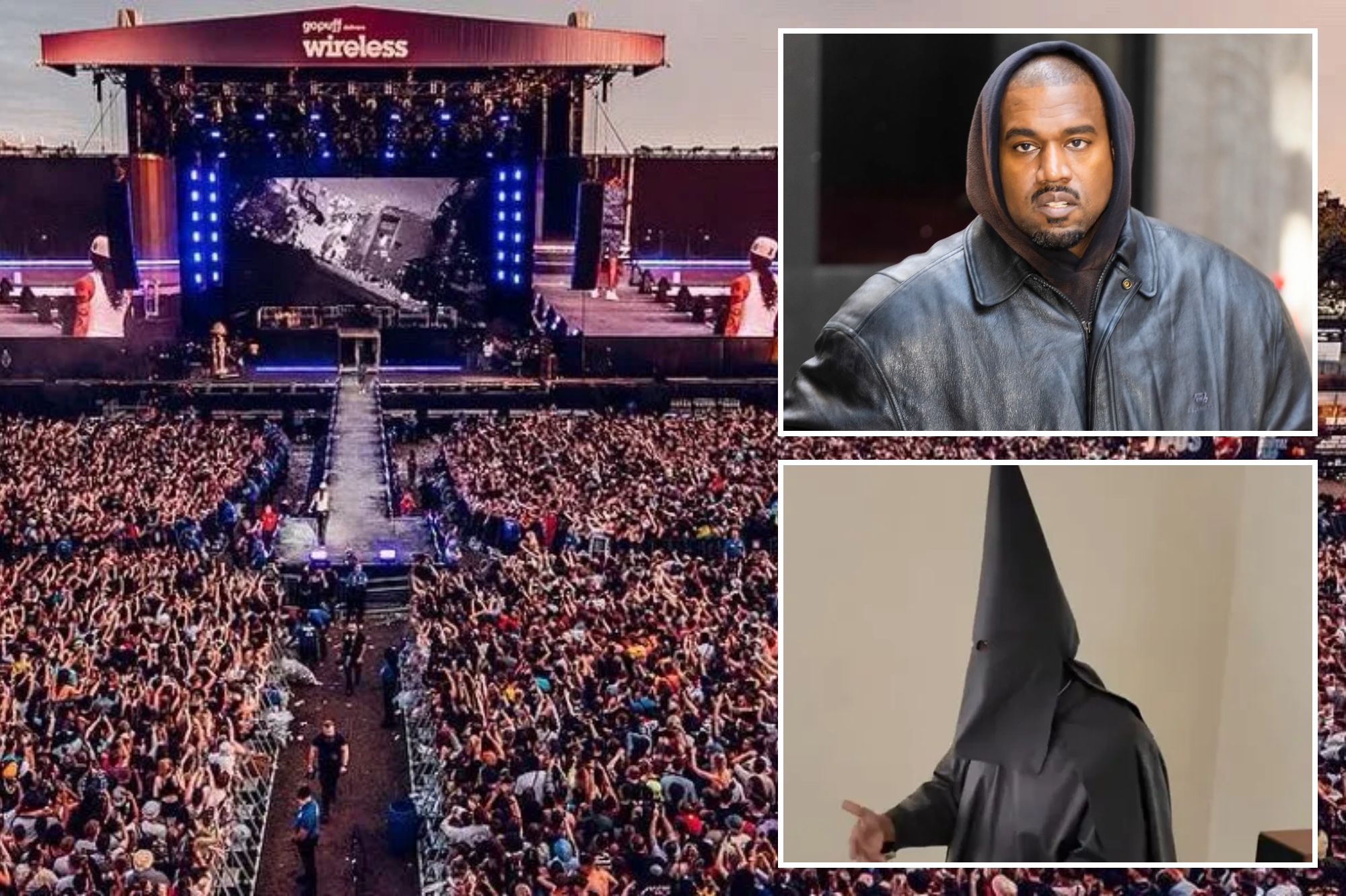 An image collage containing 3 images, Image 1 shows NINTCHDBPICT001070636584, Image 2 shows Celebrity Sightings In New York City - May 22, 2022, Image 3 shows Kanye West wearing a black KKK-style hood and robe, talking to DJ Akademiks