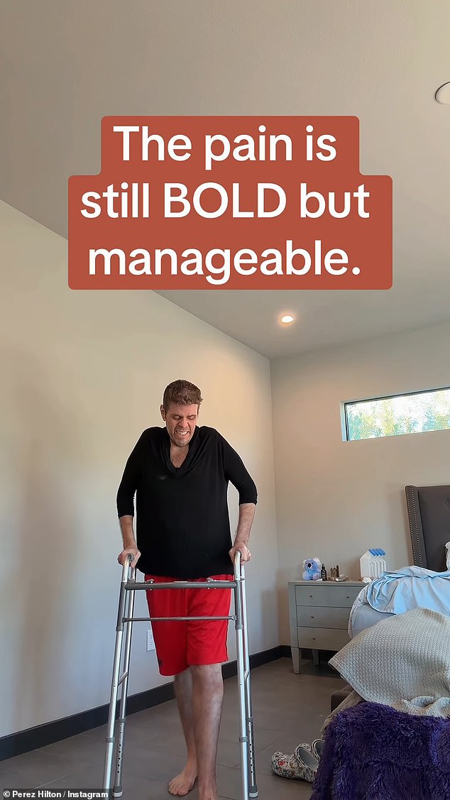 In a caption over the clip he added that his pain was 'still bold but manageable' as he thanked God for his recovery
