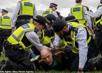 A man is pinned to the floor by officers in Hyde Park as cannabis lovers gathered to celebrate 420