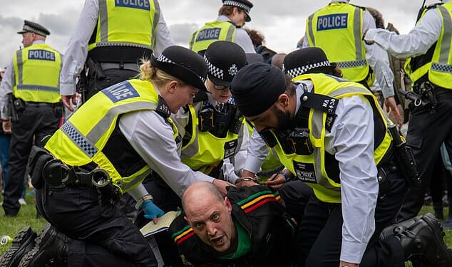 A man is pinned to the floor by officers in Hyde Park as cannabis lovers gathered to celebrate 420