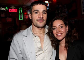 Aubrey Plaza has been pictured with her partner Christopher Abbott for the first time since announcing their pregnancy as they attended the afterparty for opening night of the Broadway revival Death of a Salesman