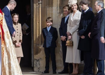 James, Earl of Wessex, lined up alongside Kate at the church door as the royals awaited the arrival of the King and Queen (pictured)
