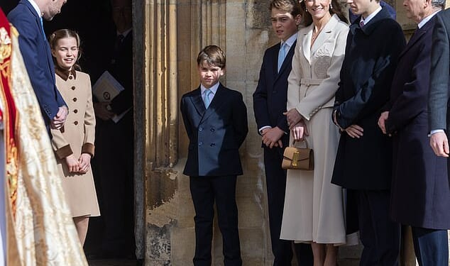 James, Earl of Wessex, lined up alongside Kate at the church door as the royals awaited the arrival of the King and Queen (pictured)