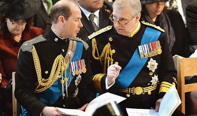 Prince Edward (pictured, left, with his brother Andrew, right, during a service at St Paul's Cathedral in 2015) visited his brother over Easter weekend