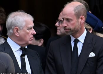 Andrew Mountbatten-Windsor and Prince William at Westminster Cathedral after the state funeral for the Duchess of Kent