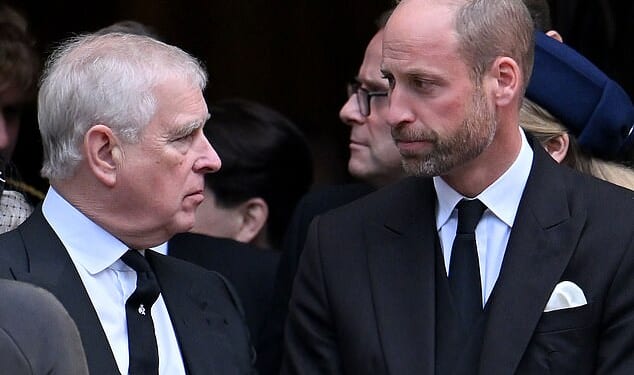 Andrew Mountbatten-Windsor and Prince William at Westminster Cathedral after the state funeral for the Duchess of Kent