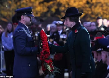 Princess Anne (pictured) laid a wreath in memory of the fallen during a dawn Anzac Day service in London