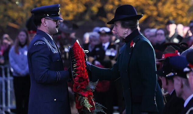 Princess Anne (pictured) laid a wreath in memory of the fallen during a dawn Anzac Day service in London