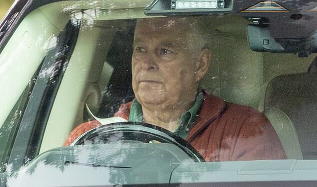 Andrew Mountbatten-Windsor was seen looking stony-faced driving around the Sandringham estate in Norfolk on Wednesday