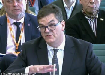 Sir Olly Robbins addresses the foreign affairs committee today... ‘my office was under constant pressure,’ he recalled, referring to near-daily nagging from the PM’s office to rush Mandelson’s appointment
