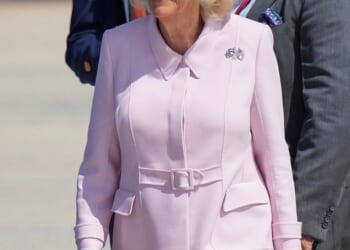 Her Majesty exuded elegance in a new candy floss Dior coat dress as she disembarked the plane in Washington. She also wore the historic Union Jack and the Stars and Stripes brooch