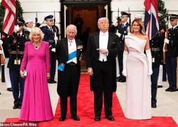 The King and Queen with President Donald Trump and First Lady Melania Trump as they arrive for the State Dinner at the White House in Washington DC