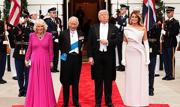 The King and Queen with President Donald Trump and First Lady Melania Trump as they arrive for the State Dinner at the White House in Washington DC