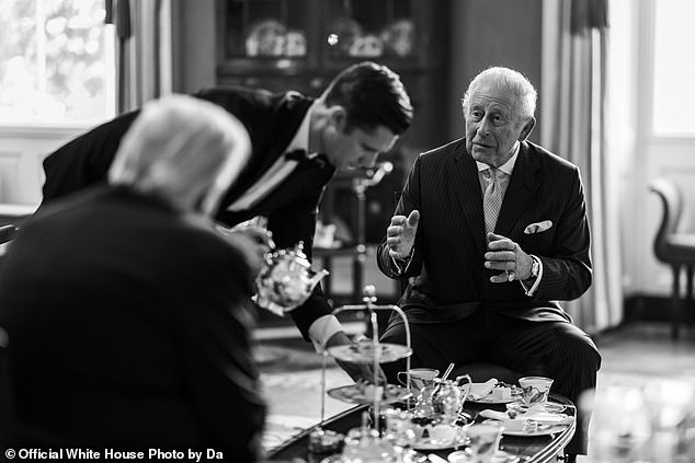 President Trump hosts King Charles and Queen Camilla for tea in the Green Room on Monday