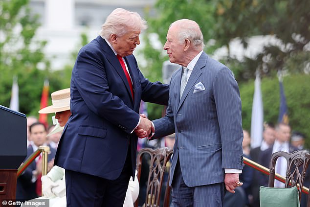 Donald Trump and King Charles shake hands during the State Arrival Ceremony on the South Lawn earlier on Tuesday