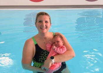 Rebecca Adlington was all smiles in sweet Instagram photos as she took her newborn daughter Thea Joy, who was born last month, swimming for the first time on Friday