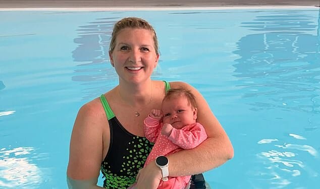 Rebecca Adlington was all smiles in sweet Instagram photos as she took her newborn daughter Thea Joy, who was born last month, swimming for the first time on Friday