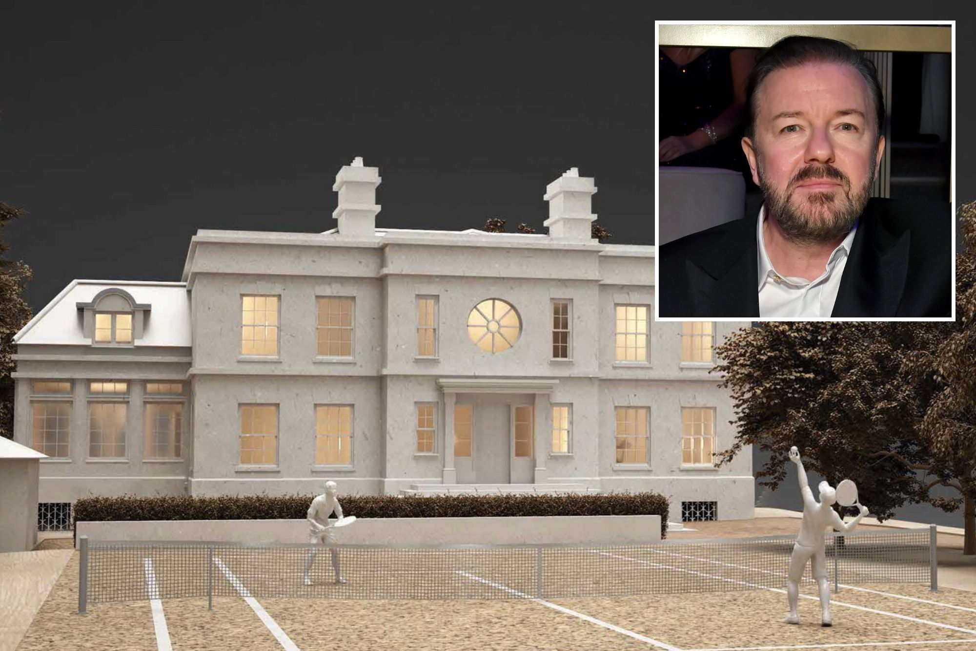 An image collage containing 2 images, Image 1 shows Illustration of a neo-classical house with a tennis court in front, showing two figures playing tennis, Image 2 shows Ricky Gervais, in a black suit and white shirt, looks forward while sitting at a party