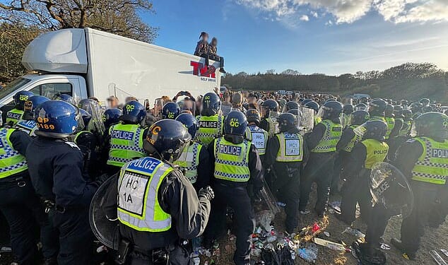 Officers in riot gear had missiles thrown at them by the 'violent and hostile' crowd at the 24-hour EggTek rave in East Lulworth, Dorset, on Sunday morning