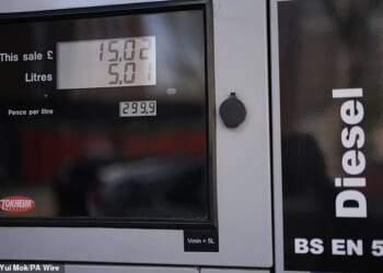 Fuel prices are shown on the pump at 299.9p per litre of diesel at the Gulf Chelsea Cloisters service station in central London on Wednesday