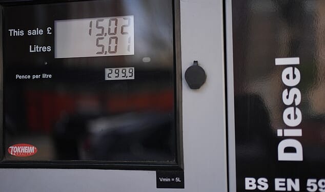 Fuel prices are shown on the pump at 299.9p per litre of diesel at the Gulf Chelsea Cloisters service station in central London on Wednesday