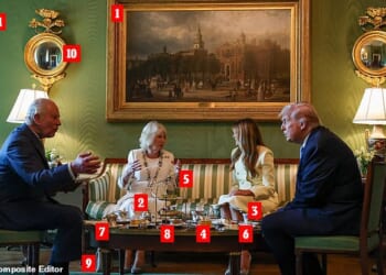 Pictured: 1. Ferdinand Richardt's painting of Independence Hall 2. Silver tea pots 3. Porcelain cups and saucers 4. Honey 5. Tiered cake stand 6. Menus 7. Silver strainers 8. Madeleines, finger sandwiches and cakes 9. Queen Camilla's £3,378 bag 10. Security detail in mirrors 11. Green silk wallpaper handpicked by Jackie Kennedy 12. Painted lamps 13. Federal-style furniture